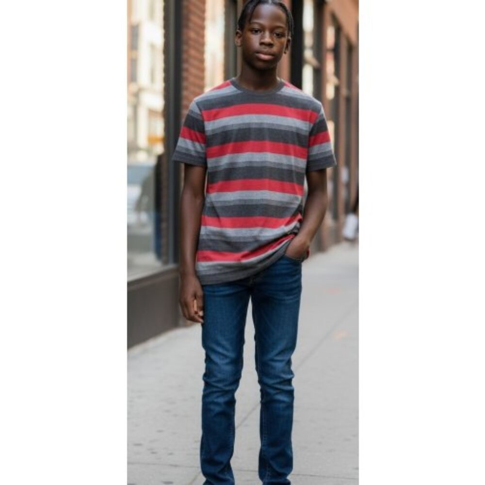 POINT ZERO Gray and Red Striped Short Sleeved Top Boys XL Size 14-16